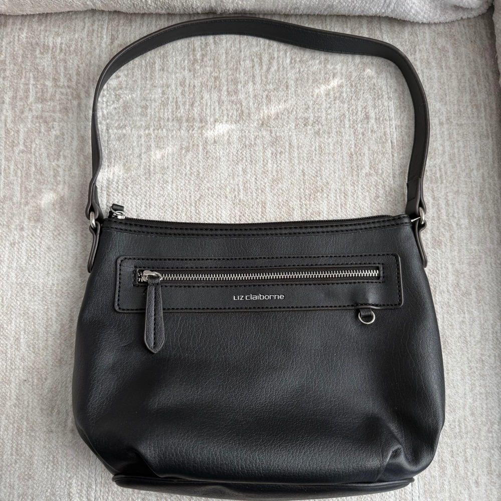 Liz Claiborne Black Pebbled Faux Leather Shoulder Bag Zip Top Hobo Purse